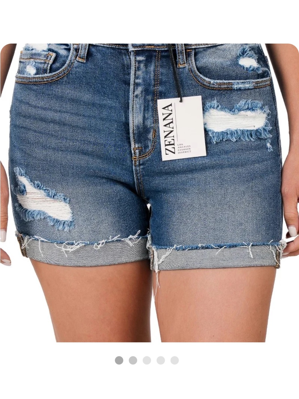Zenana Outfitters Distressed Dark Blue Rolled-Hem Denim Shorts